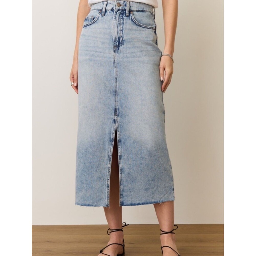 NWT Marine Layer Fawn Medium Wash Indigo-Dyed Denim Raw Hem Midi Skirt SZ 4